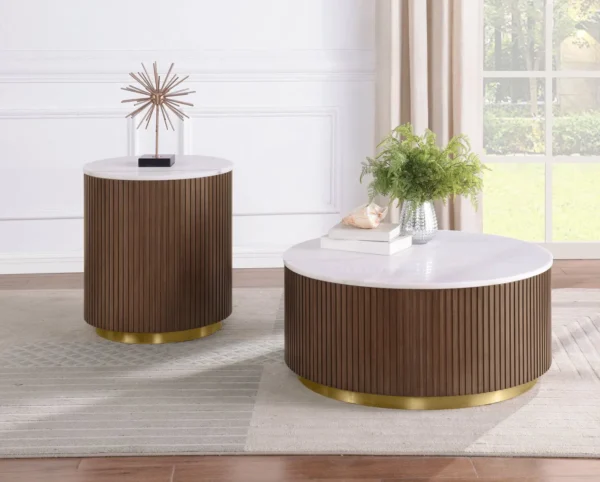 Jason 2-piece Round White Marble Coffee Table Set Honey Brown - COA-712418-S2