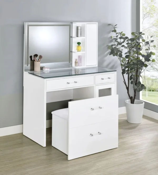 Flora 2-drawer Vanity Set with LED Mirror White High Gloss - COA-930218