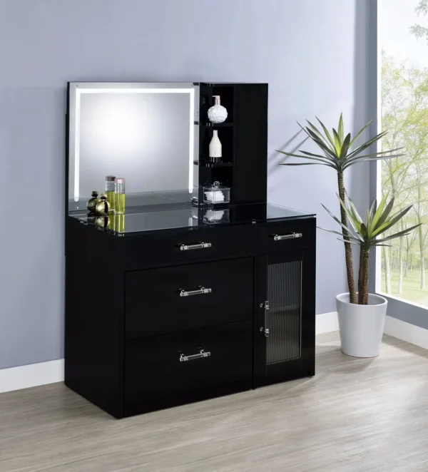 Flora 2-drawer Vanity Set with LED Mirror Black High Gloss - COA-930219