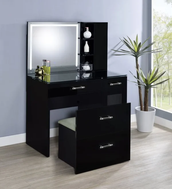 Flora 2-drawer Vanity Set with LED Mirror Black High Gloss - COA-930219