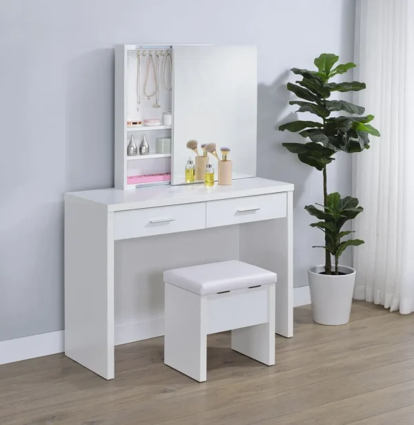 Bunbury Makeup Vanity Table Set Storage Mirror and Stool White - COA-930280