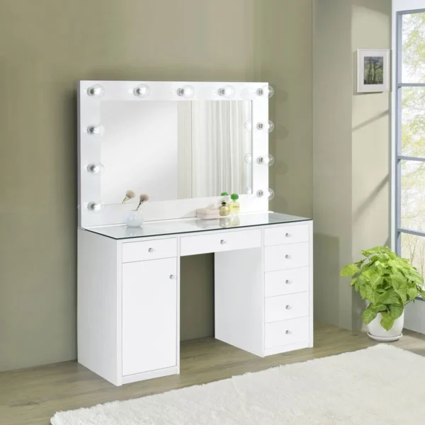 Acena 7-drawer Vanity Set with Lighting White High Gloss - COA-931143