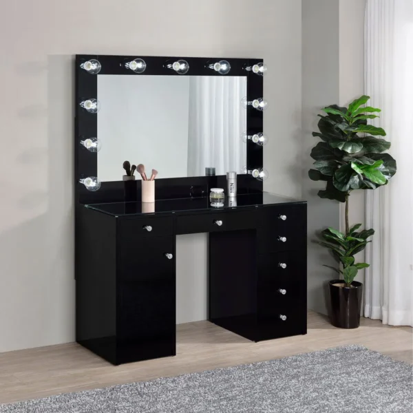 Acena 7-drawer Vanity Set with Lighting Black High Gloss - COA-931144