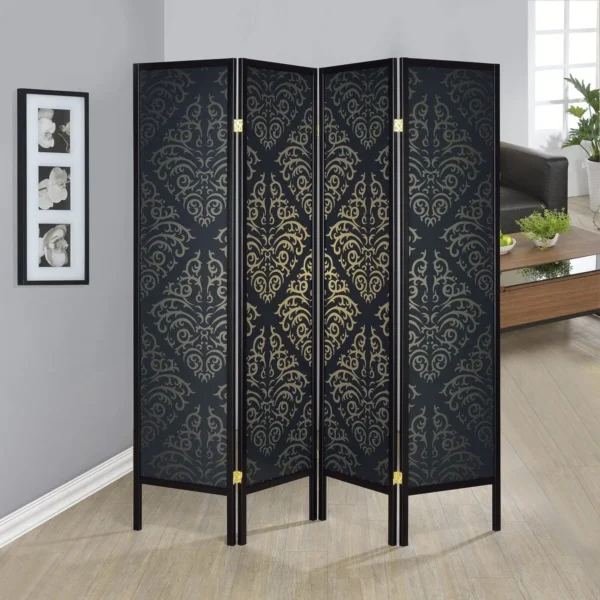 Haidera 4-Panel Room Divider Folding Screen Black Damask - COA-901632