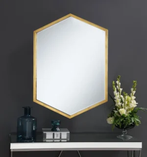 Bledel 24 x 34 Inch Hexagonal Wall Mirror Gold - COA-902356
